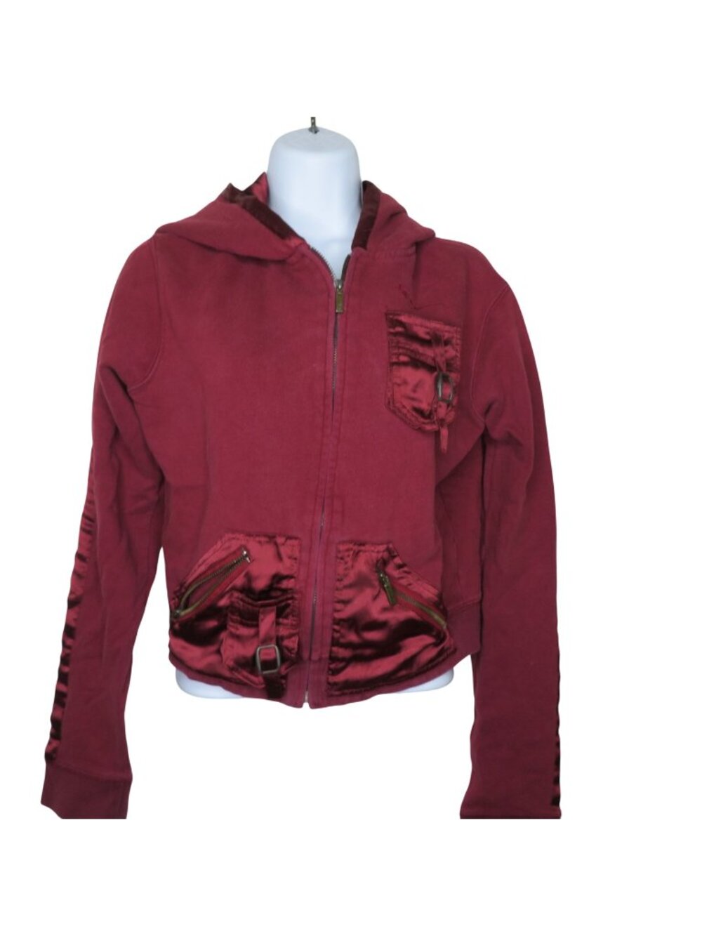 Fubu Womens Maroon Hoodie Jacket Satin Trim Pockets Size M Zip-Up Style